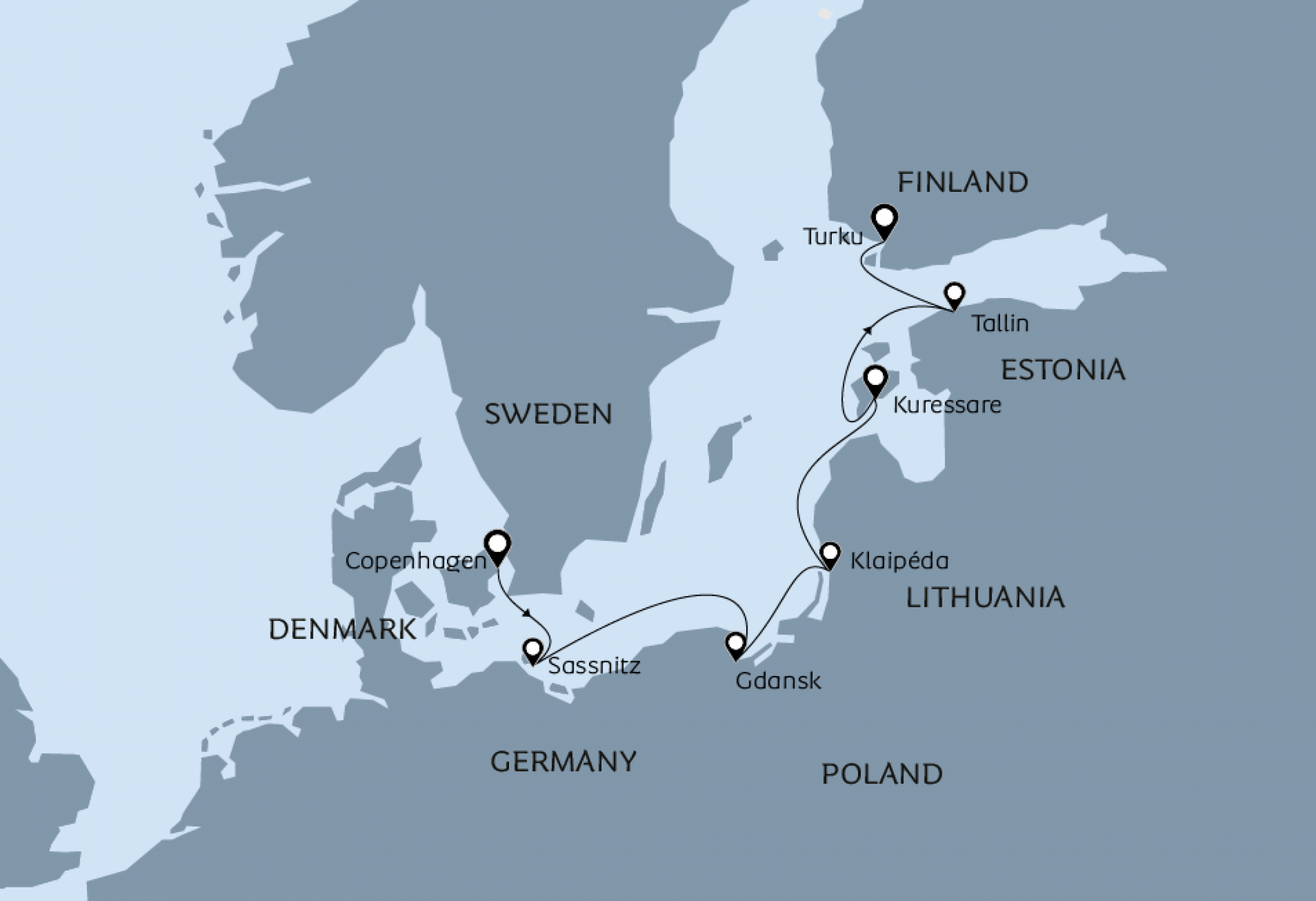 Cruise map. Through the Baltic from from Copenhagen to Turku