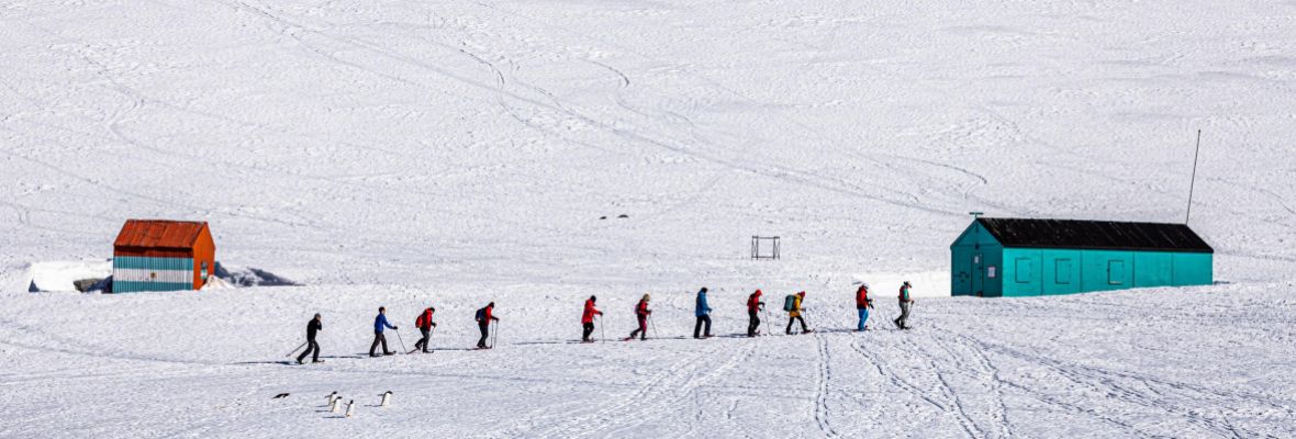 Guests enjoying a snowshoeing adventure at Damoy Point, Weincke Island