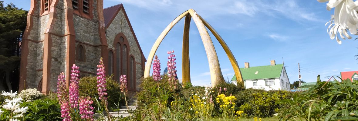 Christ Church Cathedral and whalebone arch, Stanley, Falkland Islands Christ Church Cathedral and whalebone arch, Stanley, Falkland Islands