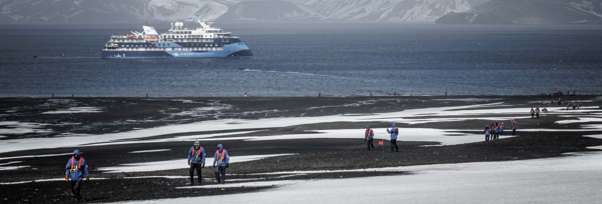 Trekking onshore at Telefon Bay, Deception Island, Antarctica