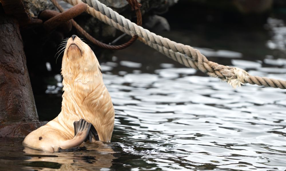 A rare blond fur seal amid the decaying ruins of the whaling era A rare blond fur seal amid the decaying ruins of the whaling era