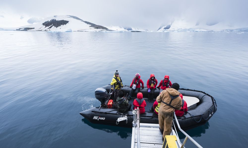 Boarding a Zodiac for an Antarctic adventure Boarding a Zodiac for an Antarctic adventure