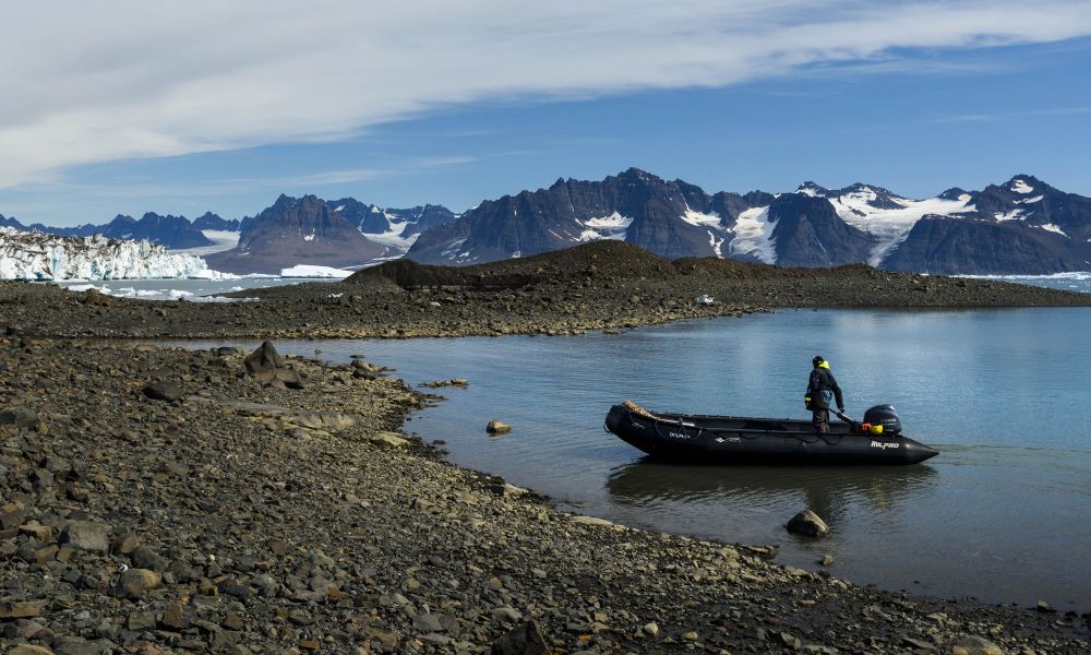 Zodiac landing in wild East Greenland Zodiac landing in wild East Greenland