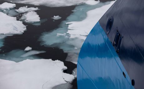 Ocean Albatros pushes through floating ice north of Svalbard